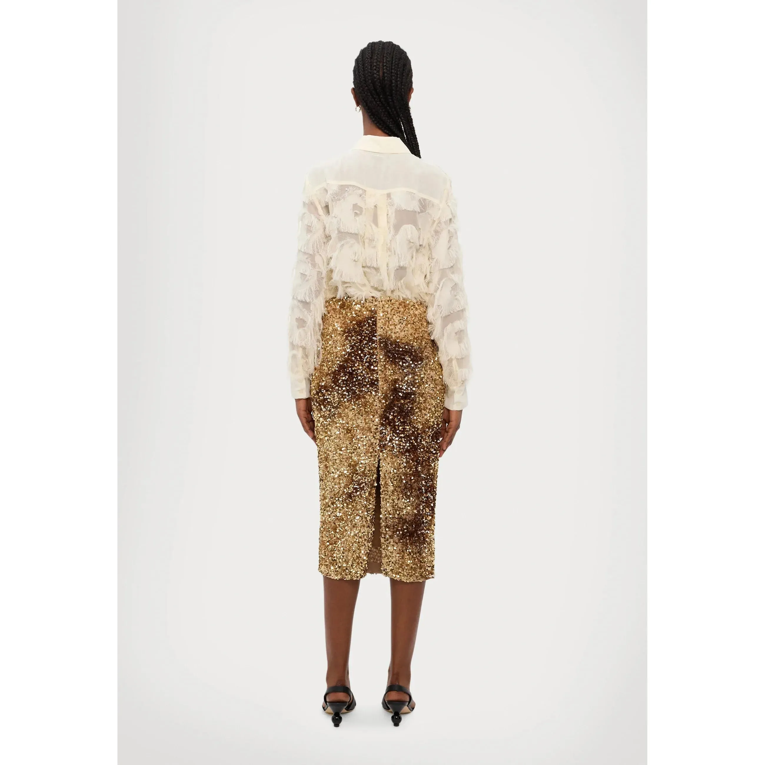 NICHOLS2 Sequin Jersey Midi Skirt Hazlenut Brown