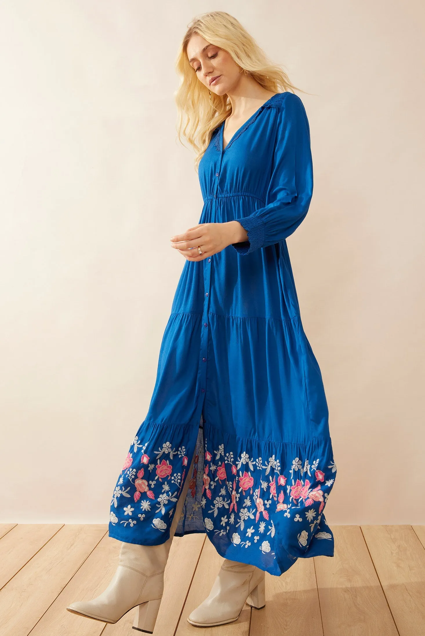 Nova Bleu Drop Waist Embroidered Dress