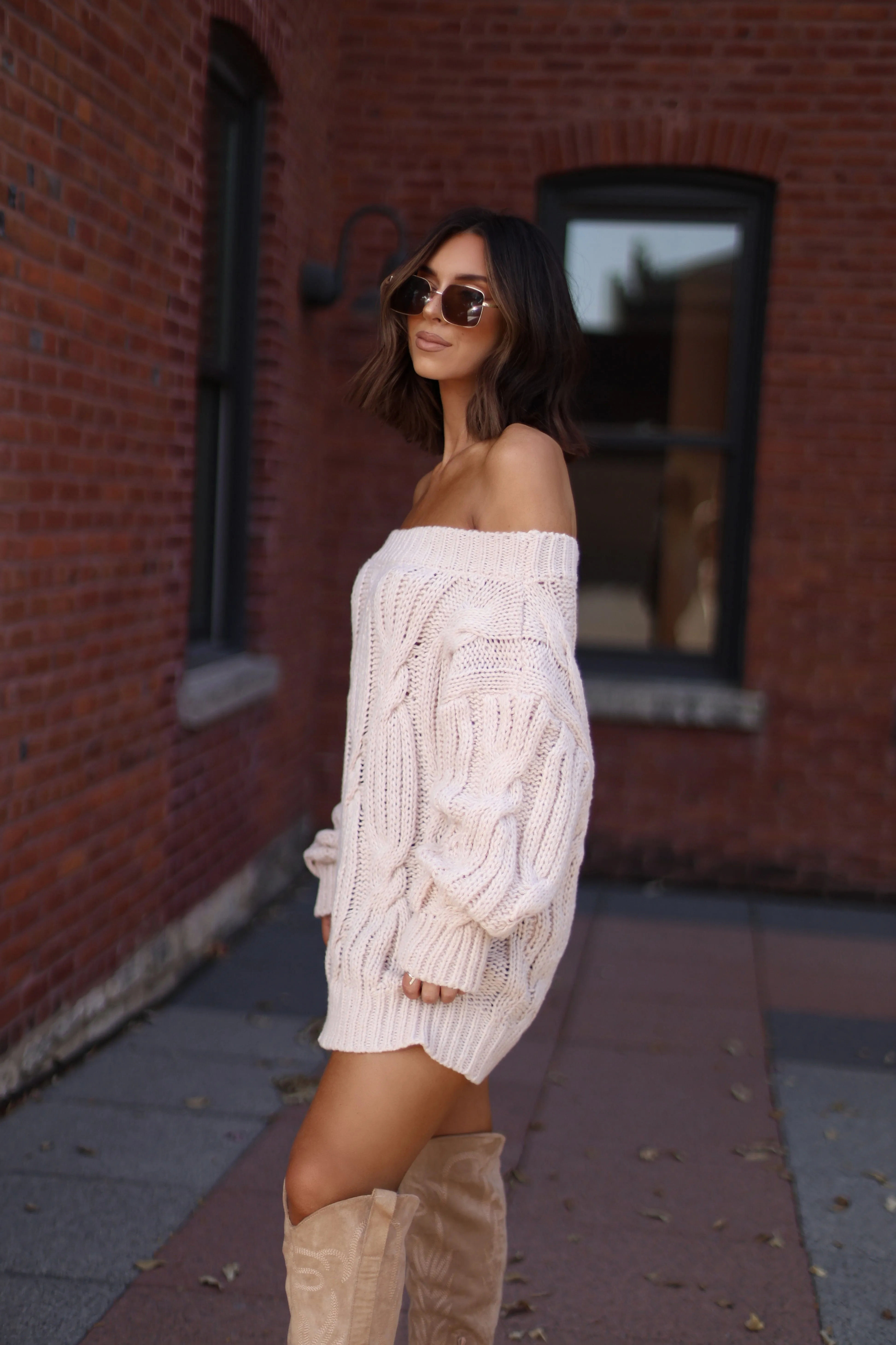 Off The Shoulder Cable Knit Sweater