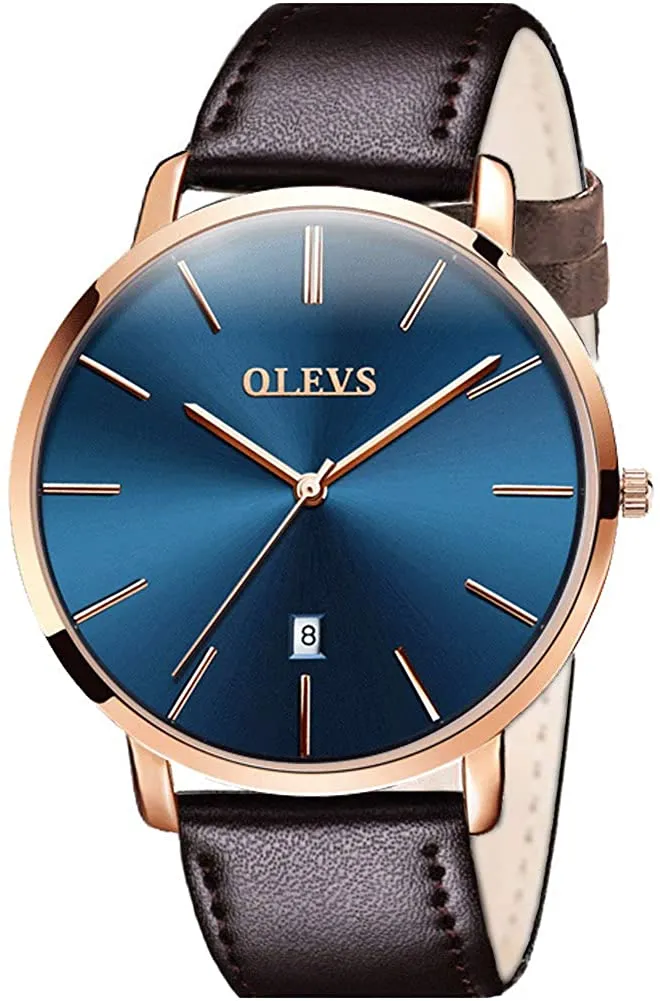 OLEVS Mens Minimalist Leather Strap Watches Brown Black Blue Leather Band Quartz Wrist Watches, Waterproof & Date Window