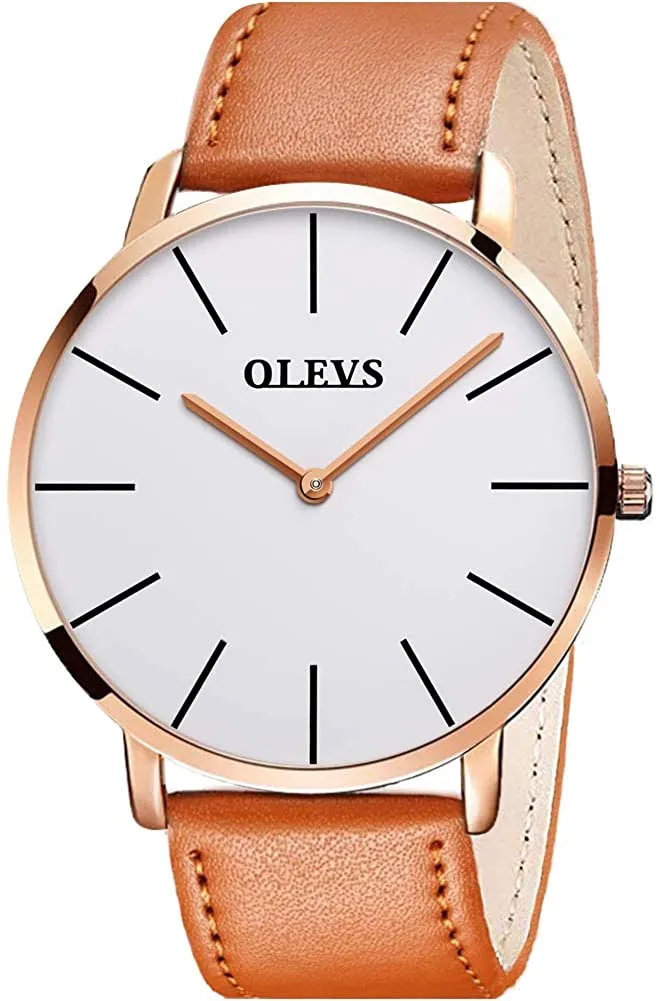 OLEVS Mens Minimalist Leather Strap Watches Brown Black Blue Leather Band Quartz Wrist Watches, Waterproof & Date Window