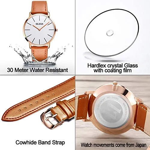 OLEVS Mens Minimalist Leather Strap Watches Brown Black Blue Leather Band Quartz Wrist Watches, Waterproof & Date Window