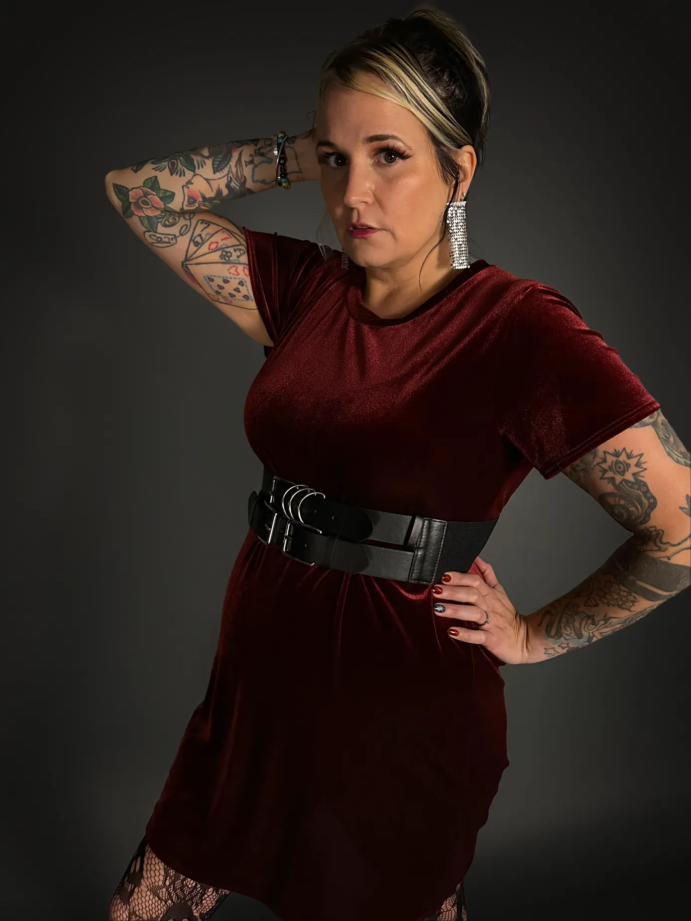 Outfit Set - Burgundy Velvet Short Sleeve Dress & Double Strap Corset Belt Goth Style