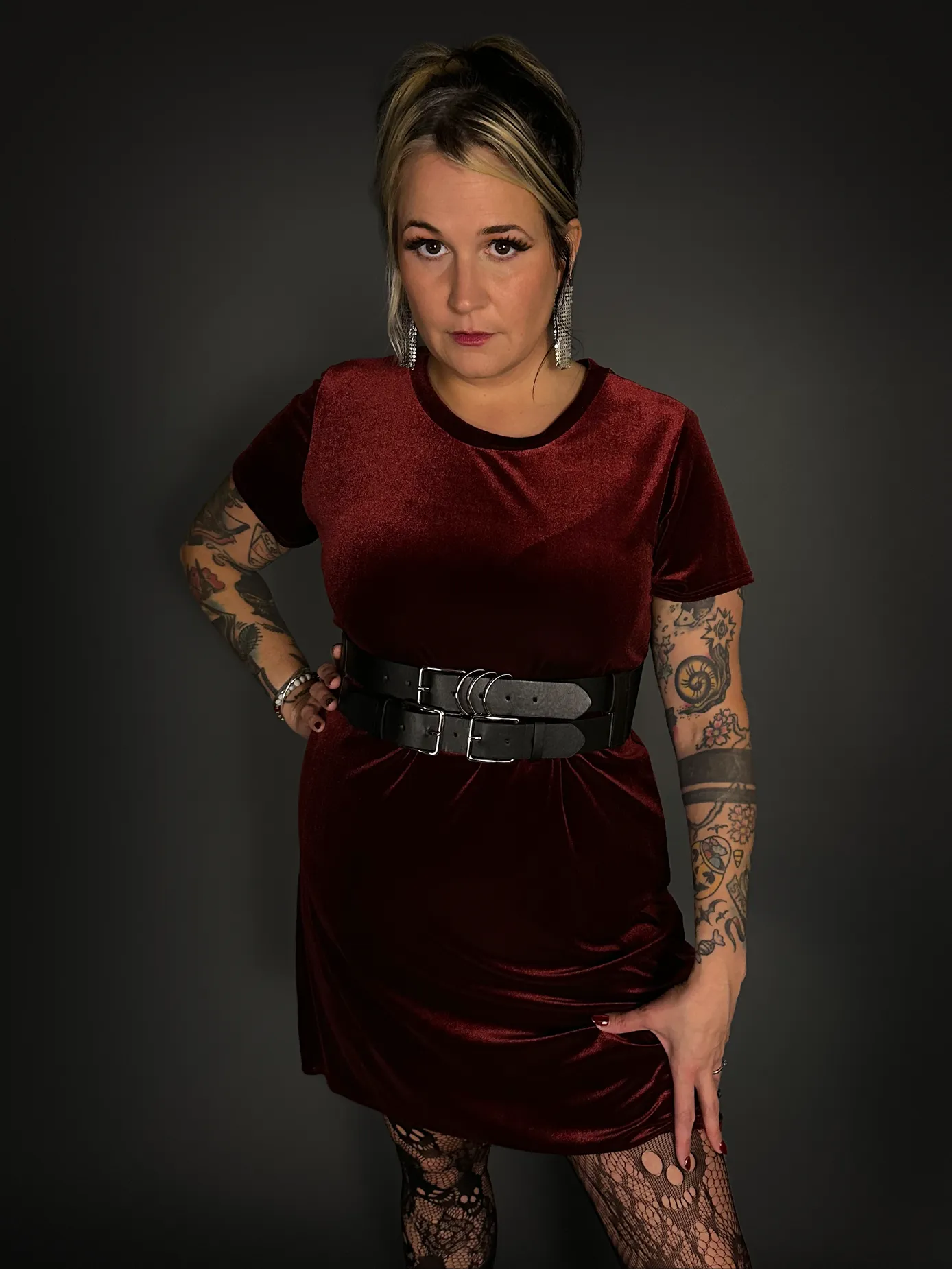 Outfit Set - Burgundy Velvet Short Sleeve Dress & Double Strap Corset Belt Goth Style