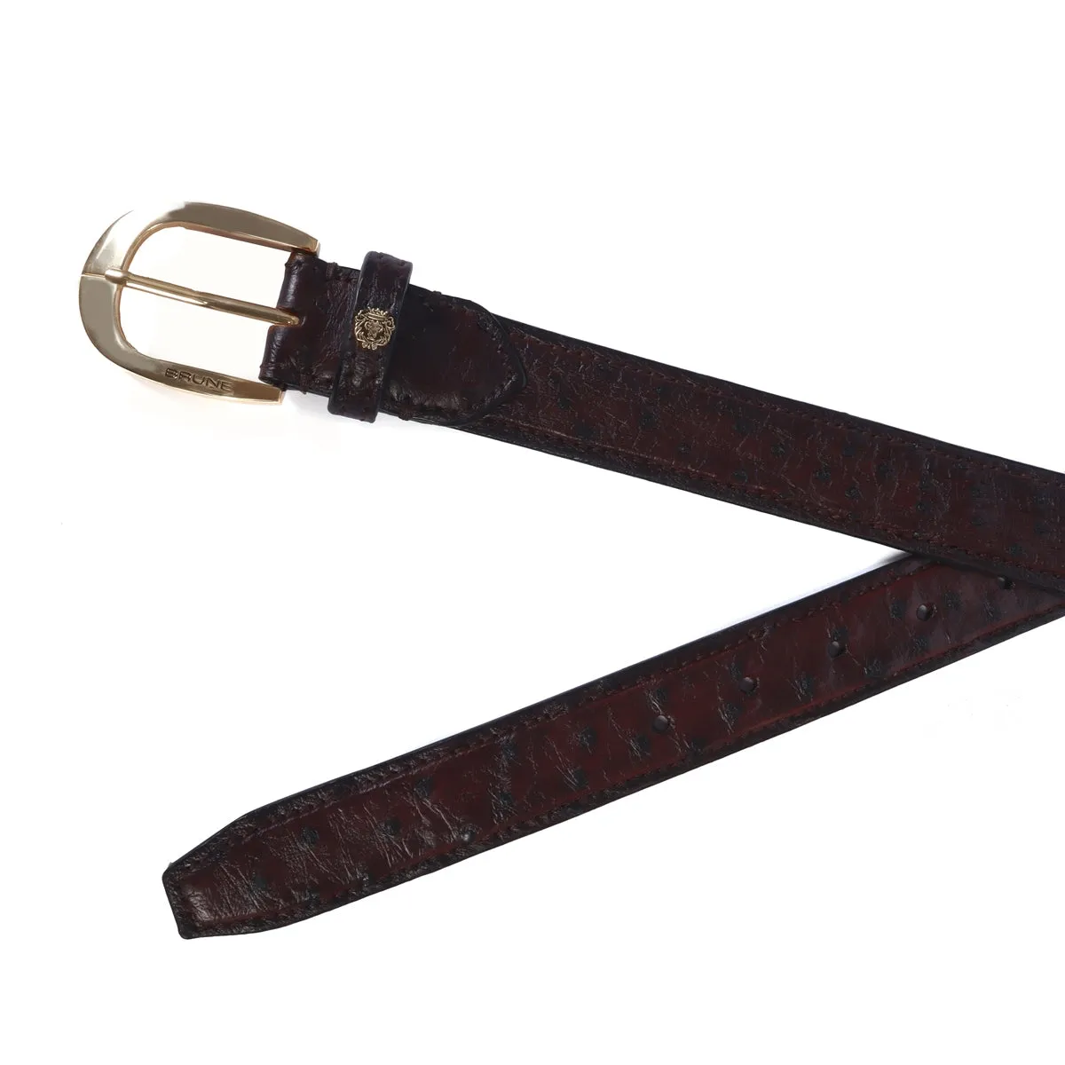 Oval Shape Buckle Belt Dark Brown Ostrich Leather