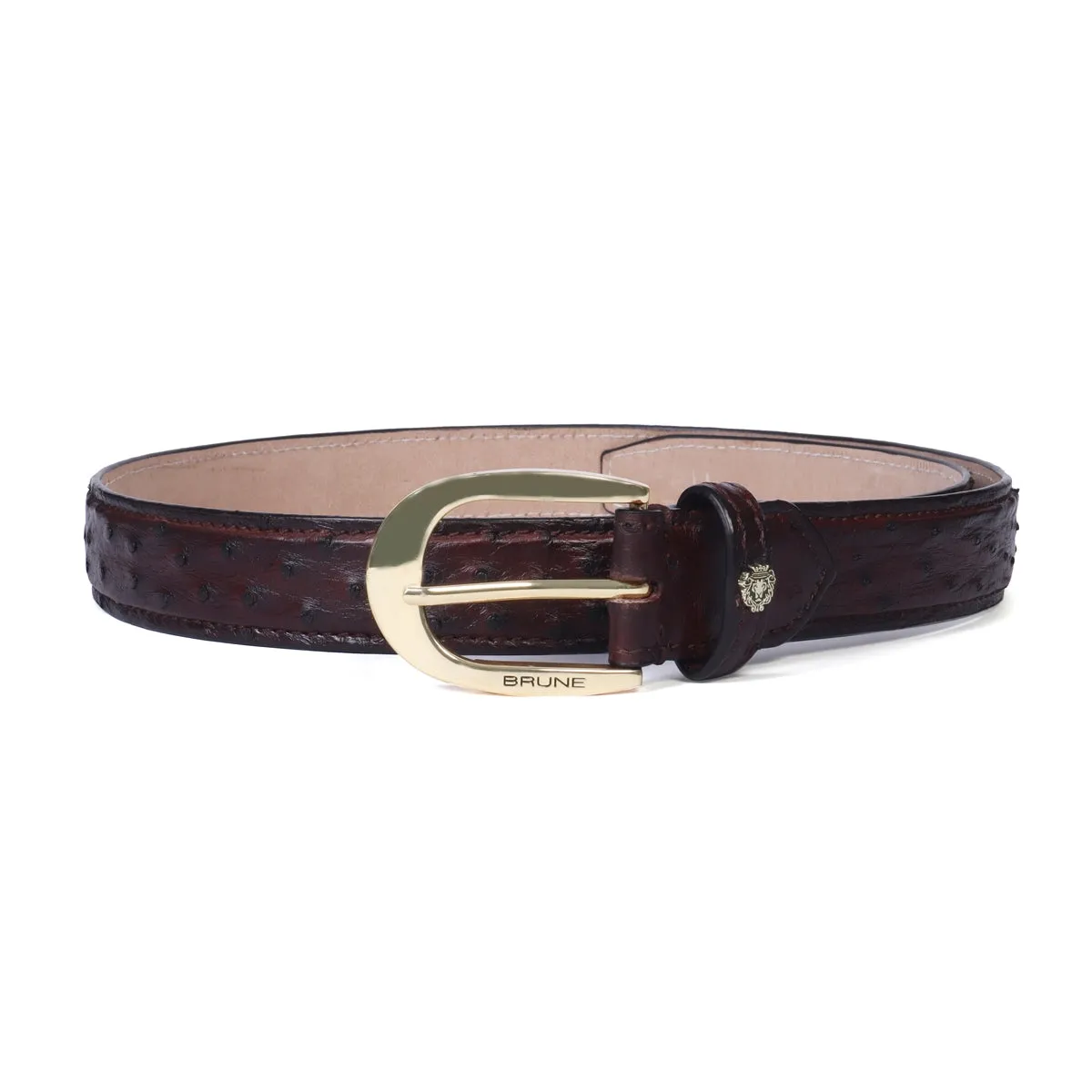 Oval Shape Buckle Belt Dark Brown Ostrich Leather