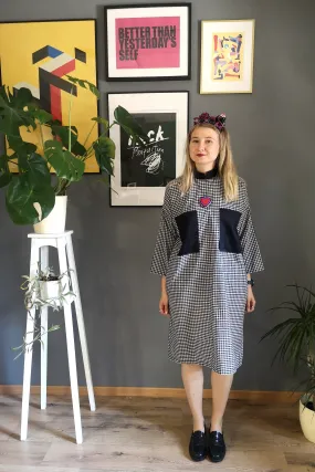 Oversized Statement Shirt Dress in Black and White Check Print Light Cotton Fabric