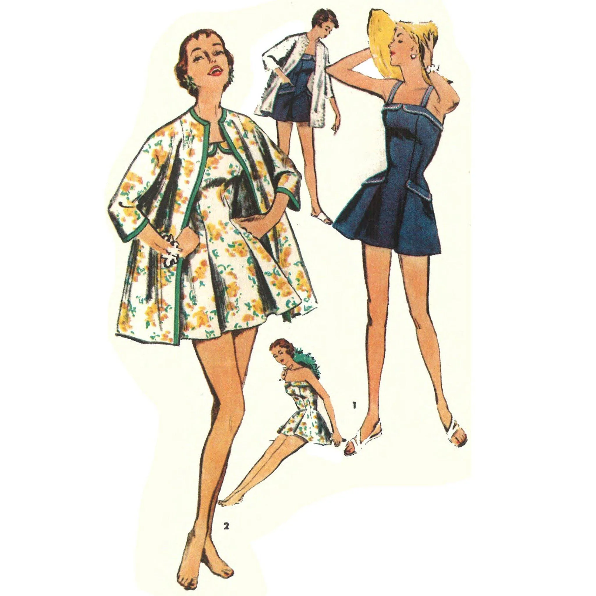 PDF - 1950's Sewing Pattern: Skirted Bathing Suit and Beach Coat - Multi-sizes - Instantly Print at Home