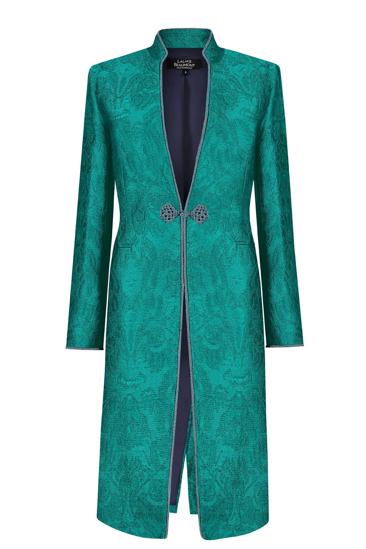 Peacock Dress Coat in Winter Brocade with Cord Trim and Frogging  - Vicky (Longer Length)