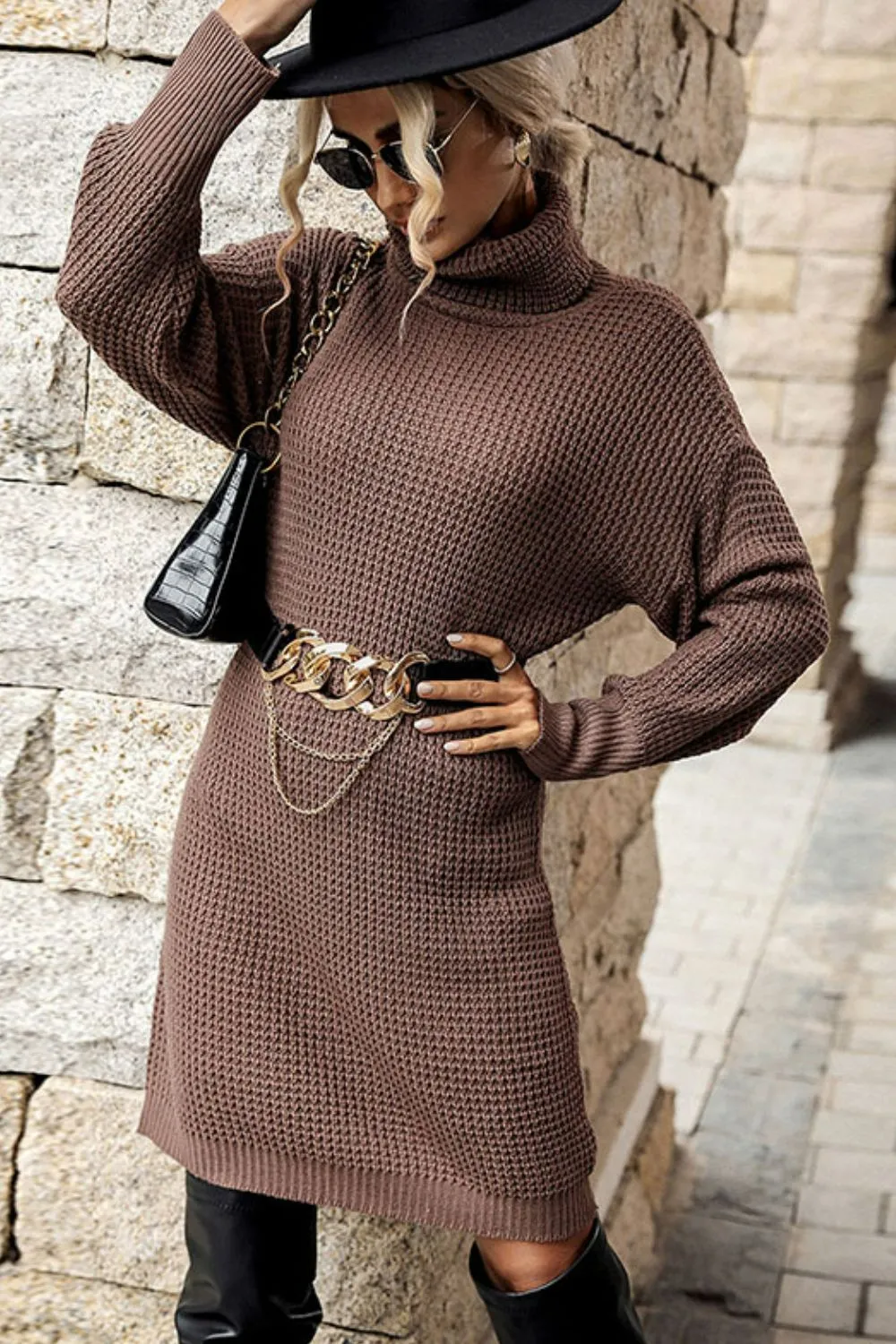 Perfee Turtleneck Dropped Shoulder Mini Sweater Dress