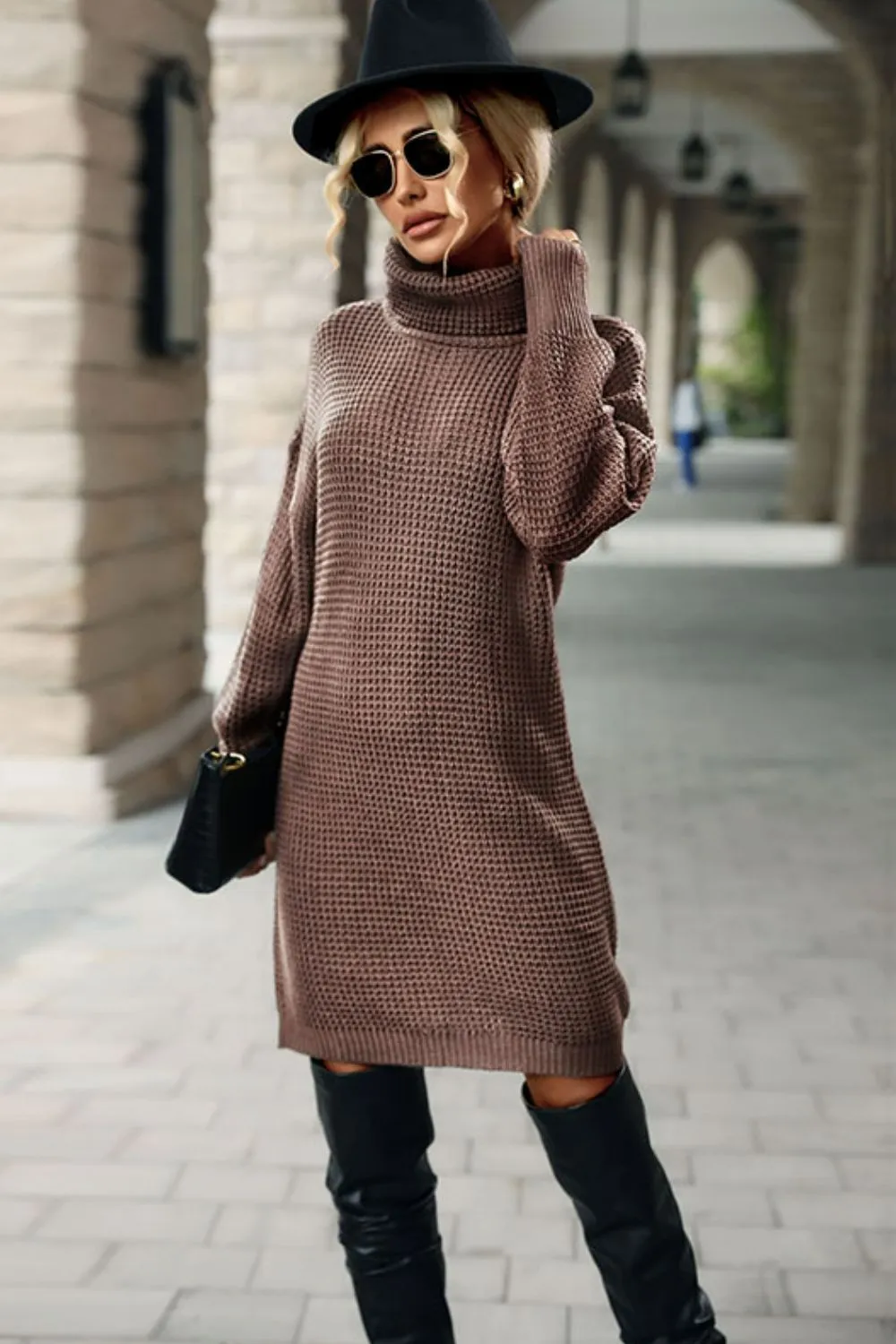 Perfee Turtleneck Dropped Shoulder Mini Sweater Dress