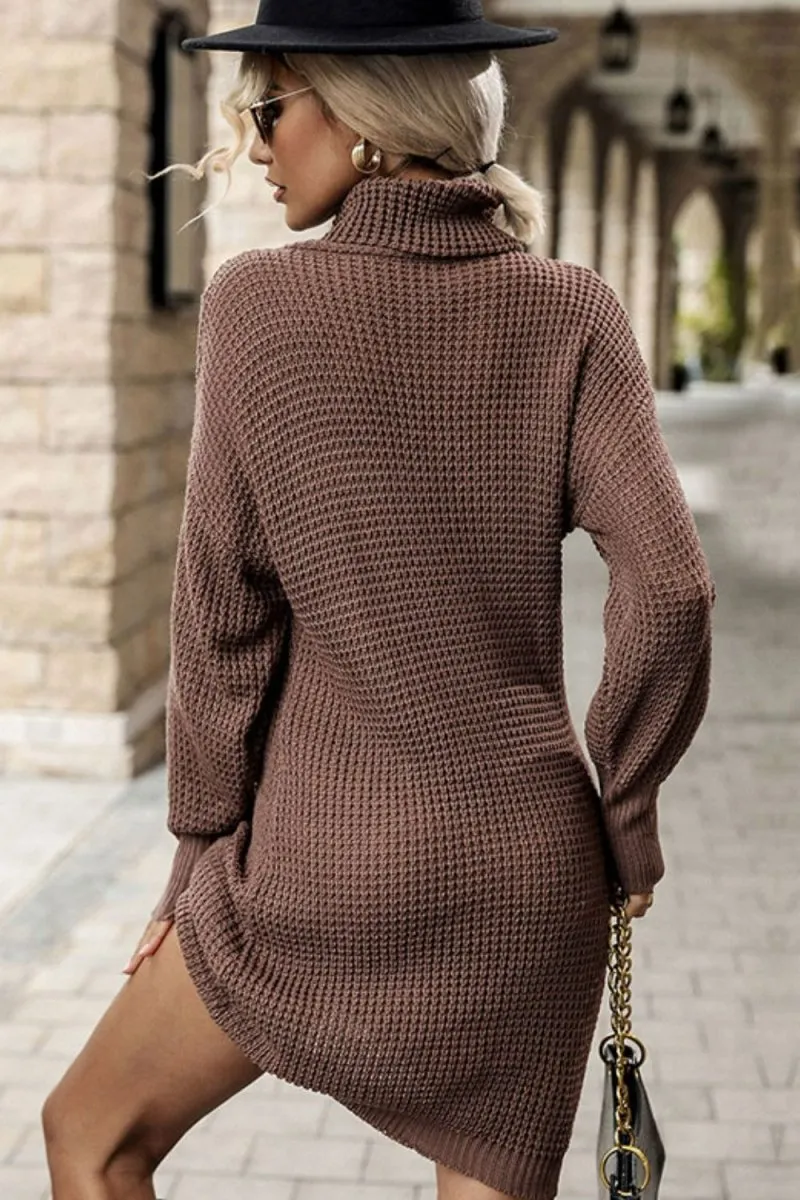 Perfee Turtleneck Dropped Shoulder Mini Sweater Dress