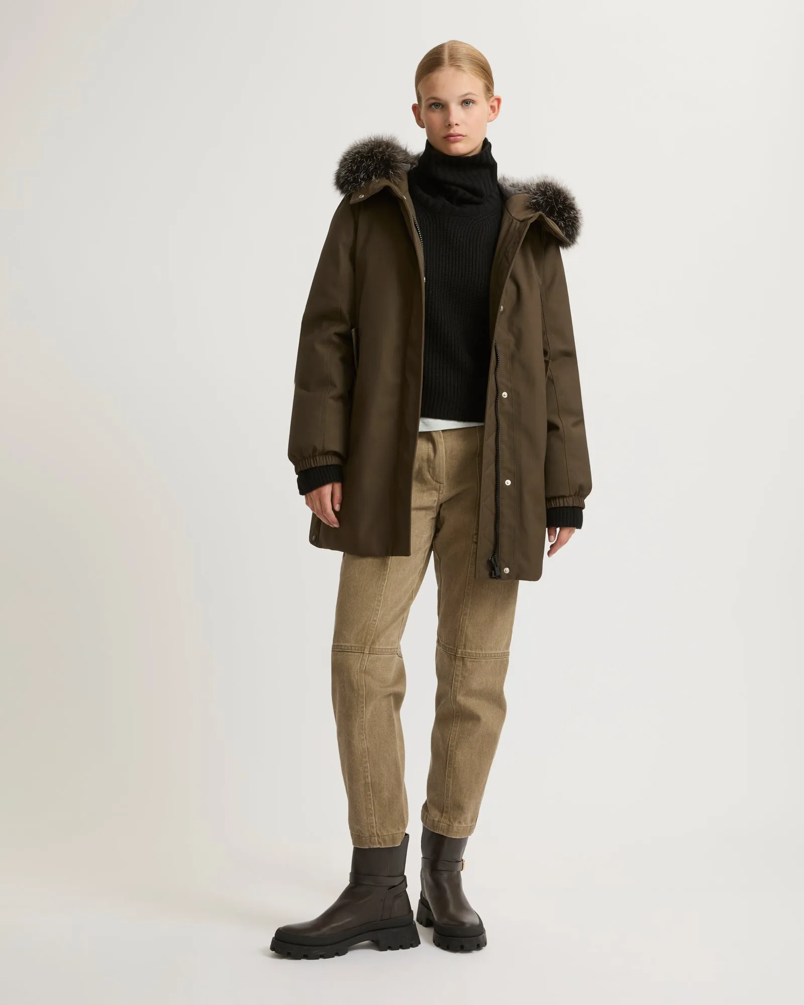 Performance parka with fox fur trim