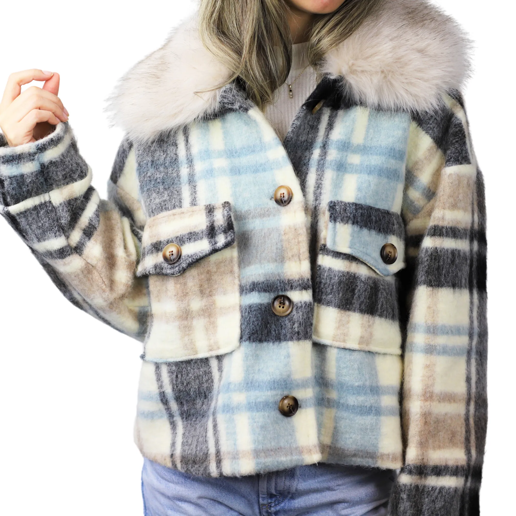 Plaid Cropped Jacket w/ Trim - White