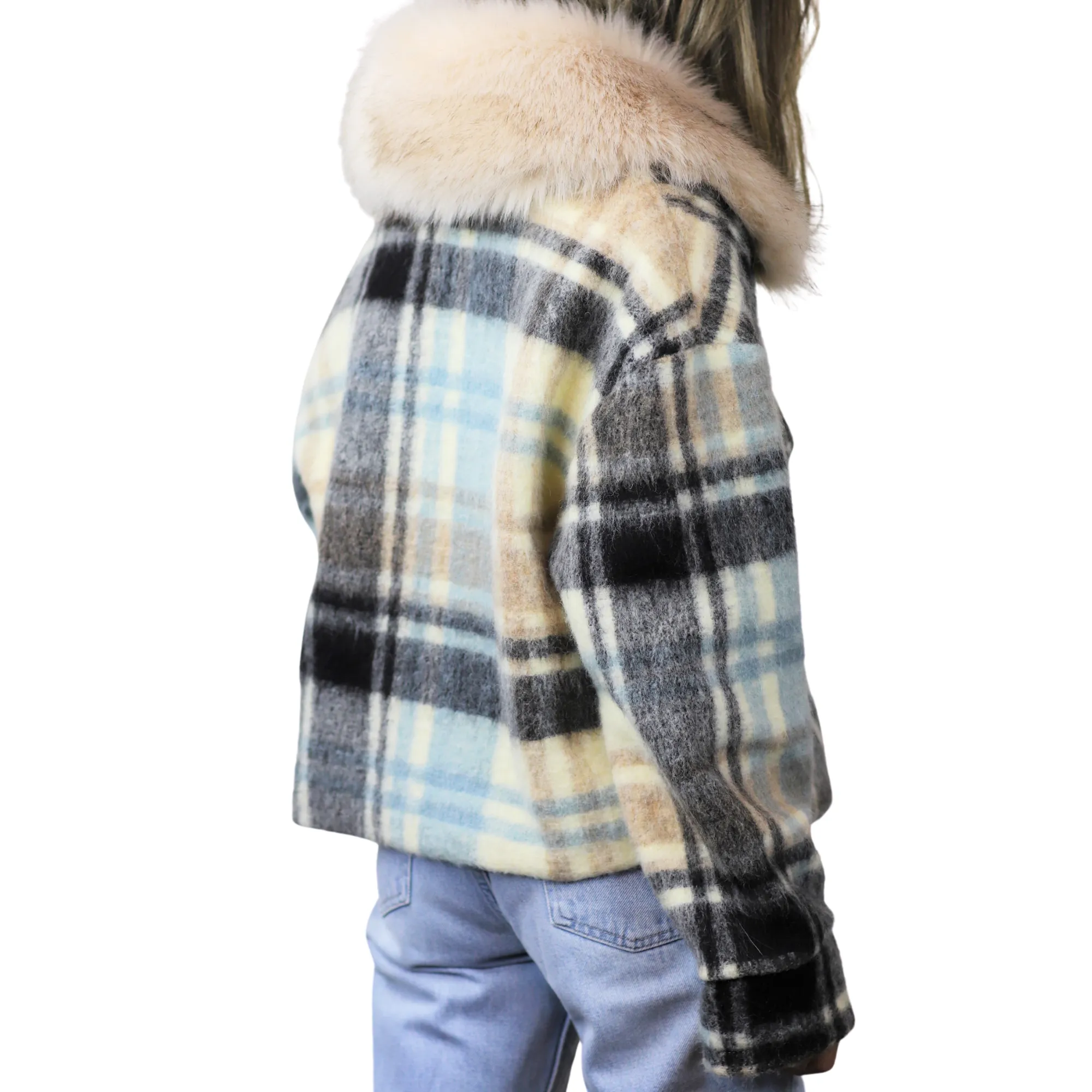 Plaid Cropped Jacket w/ Trim - White