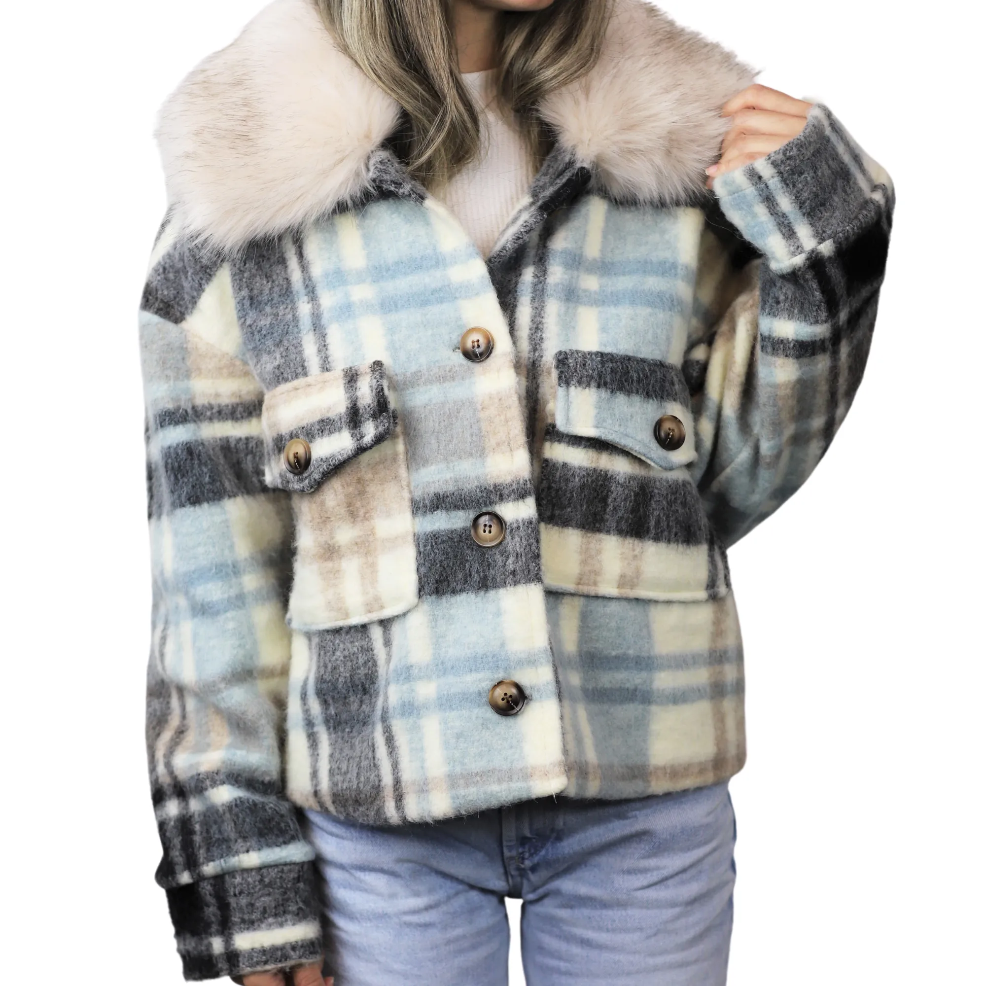 Plaid Cropped Jacket w/ Trim - White