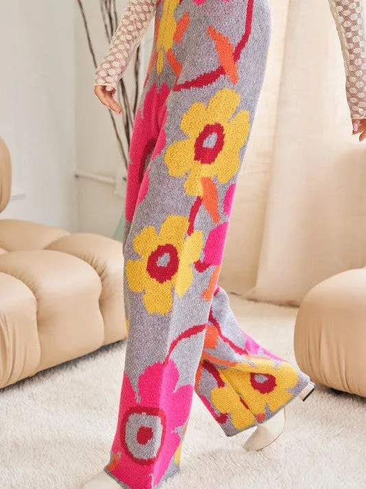 Playful Charm Flower Print Full Long Wide Pants