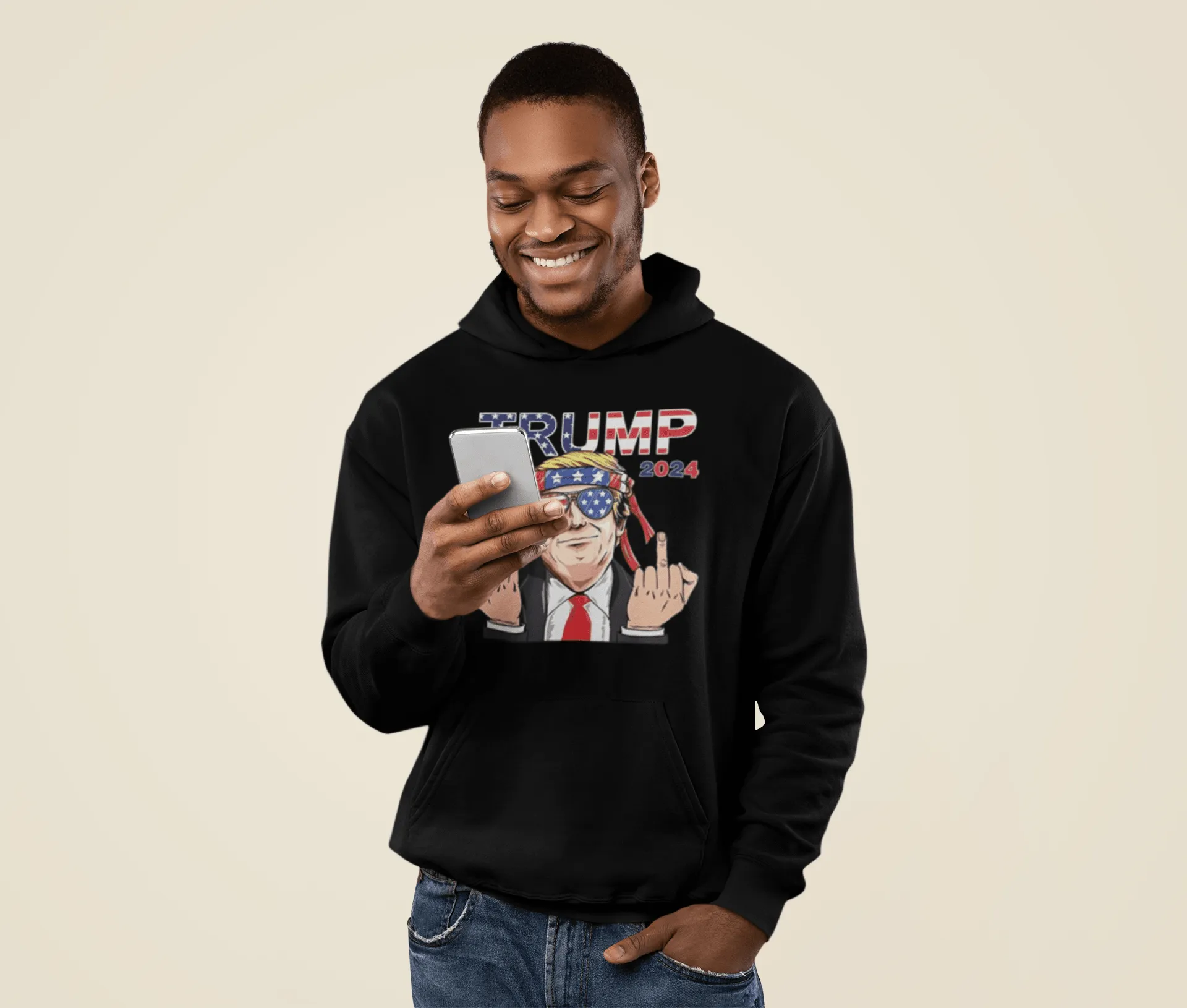 Political Humor Hoodie Animated Trump Giving Middle Finger Ultra Soft Cotton Blend Pullover