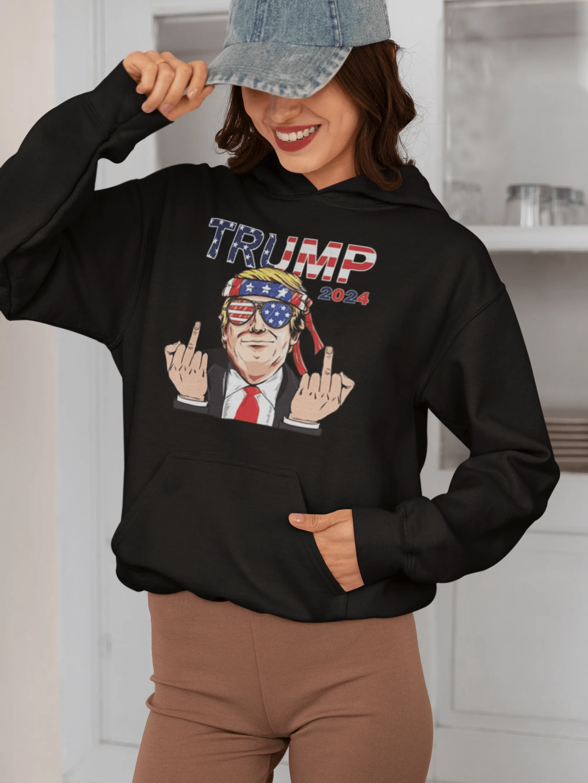 Political Humor Hoodie Animated Trump Giving Middle Finger Ultra Soft Cotton Blend Pullover