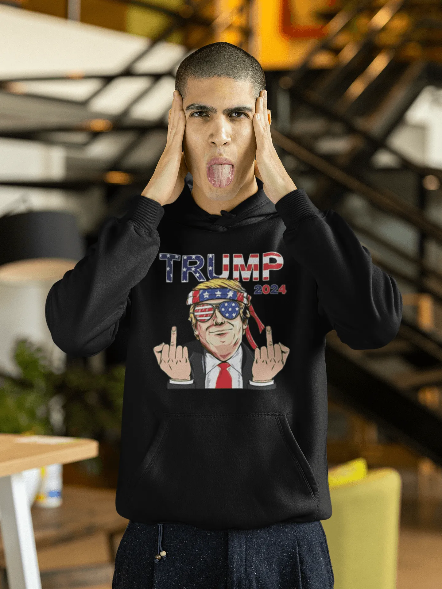 Political Humor Hoodie Animated Trump Giving Middle Finger Ultra Soft Cotton Blend Pullover