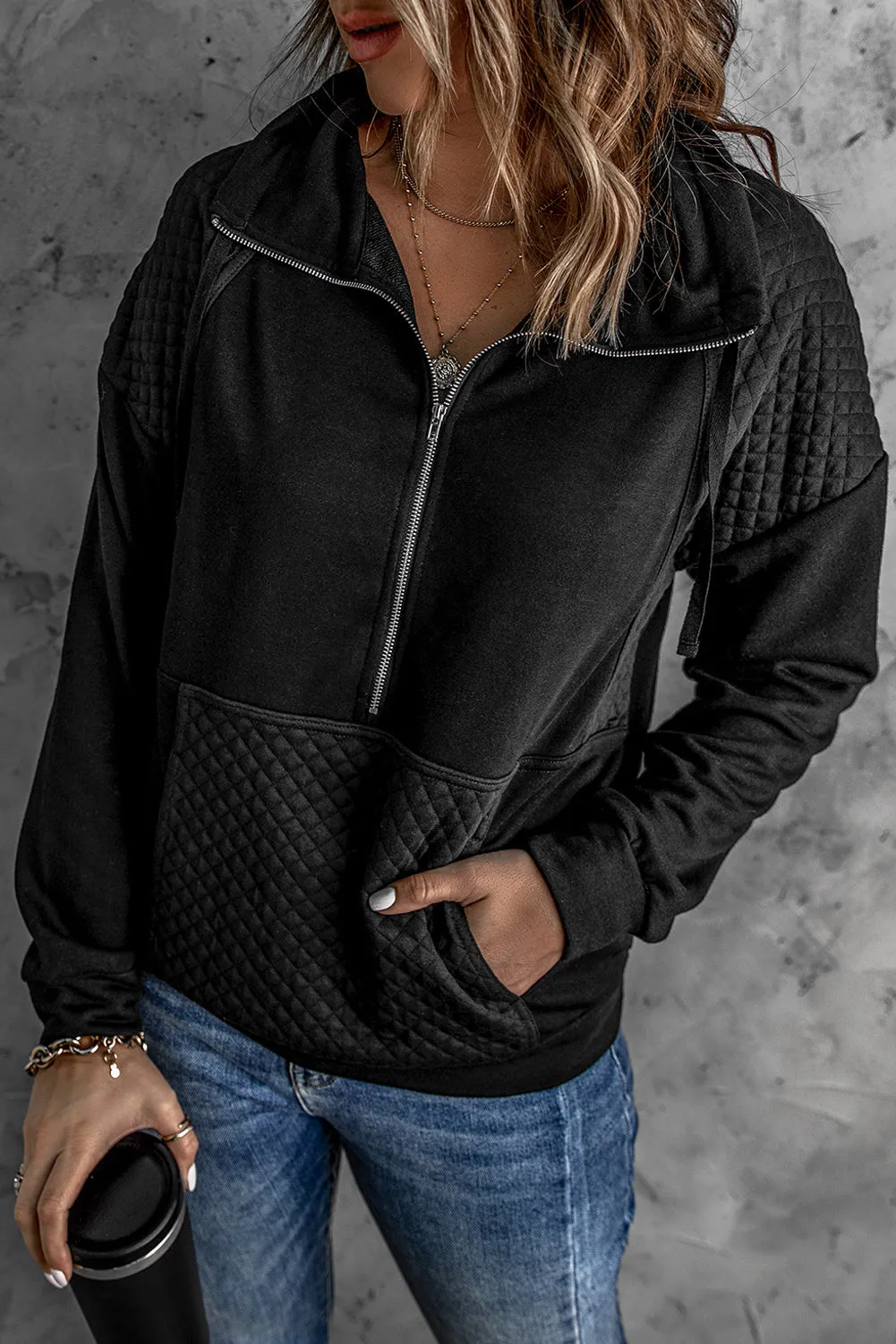 Quilted Patch Half Zipper Sweatshirt