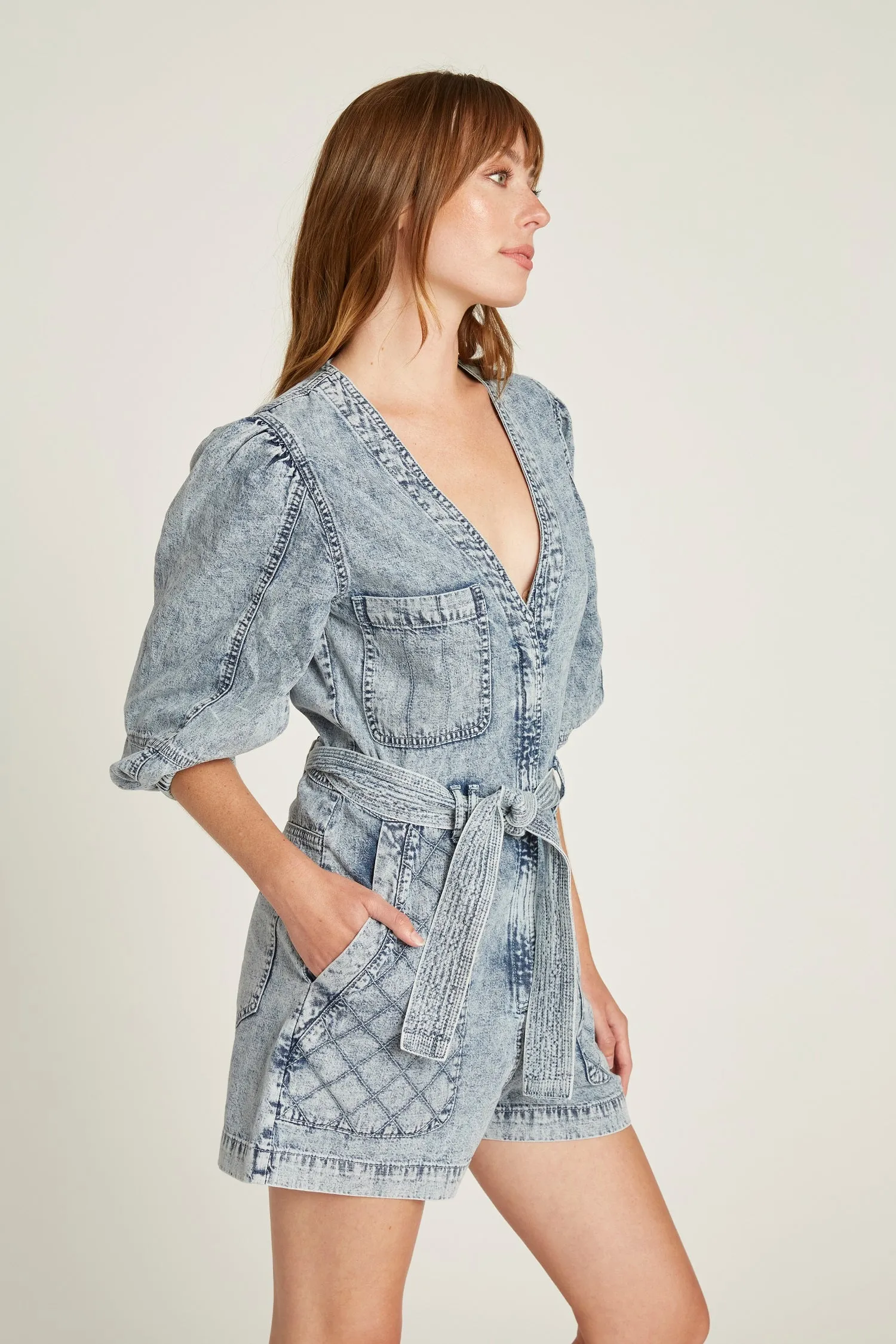 Quilted Romper - Acid Wash