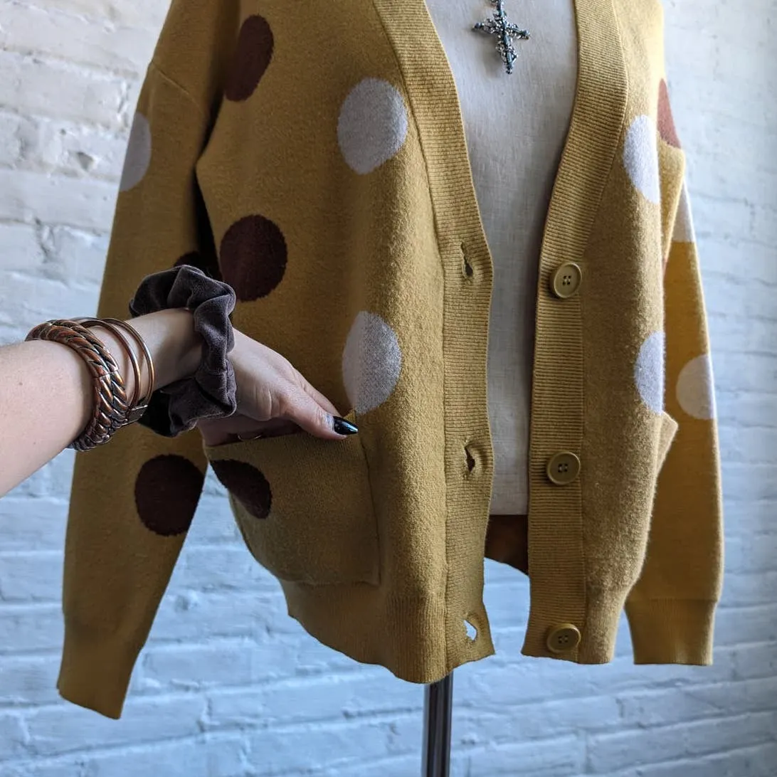 Retro Yellow Polkadot Knit Cardigan Mustard Preppy Sunshine Granny Chic Sweater