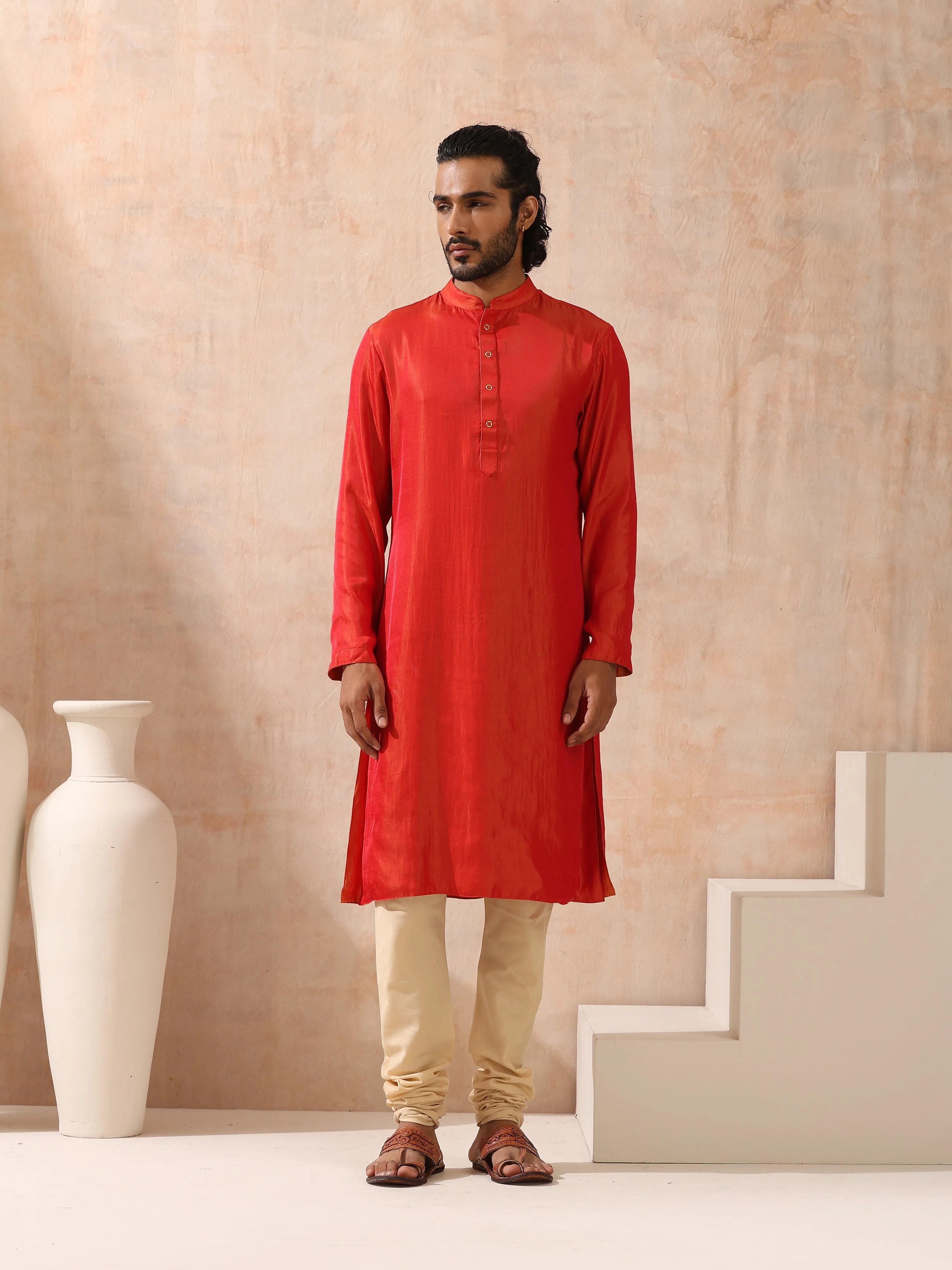 Reversible Orange and Red Satin Kurta