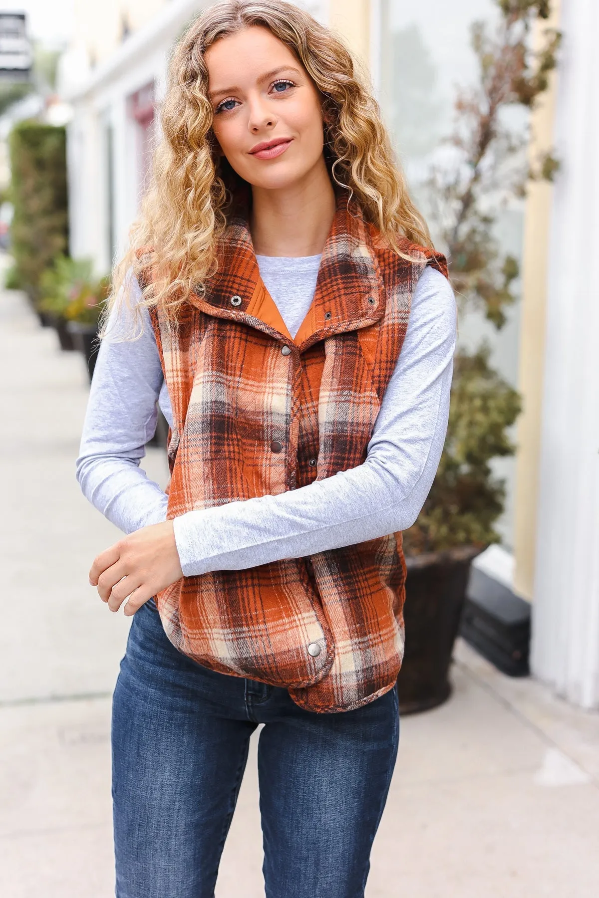 Rust Taupe Plaid Snap Button Quilted Puffer Vest