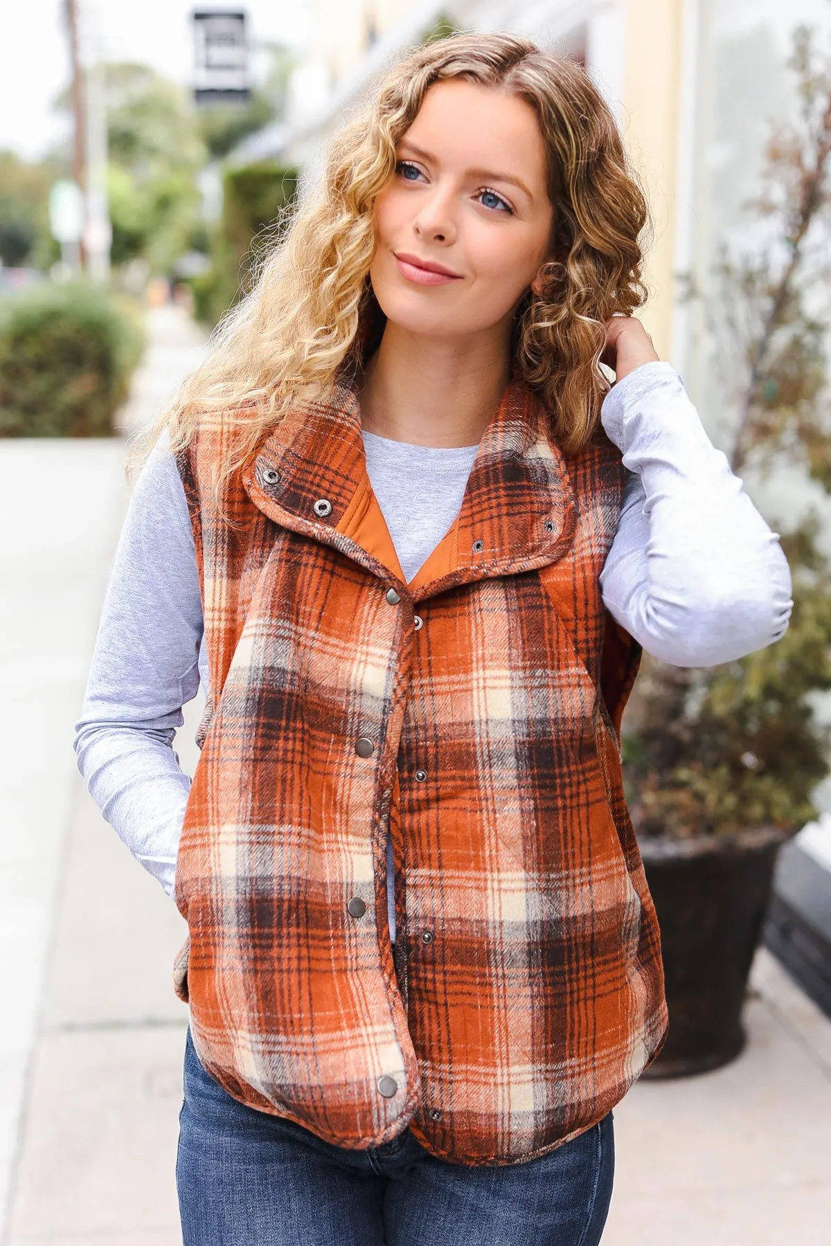 Rust Taupe Plaid Snap Button Quilted Puffer Vest