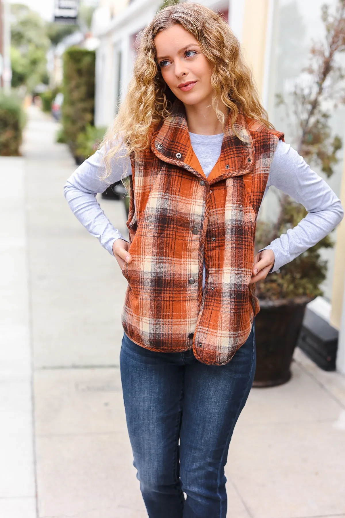 Rust Taupe Plaid Snap Button Quilted Puffer Vest