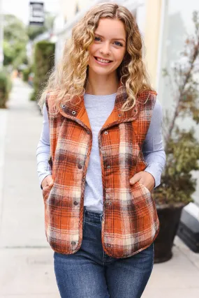 Rust Taupe Plaid Snap Button Quilted Puffer Vest