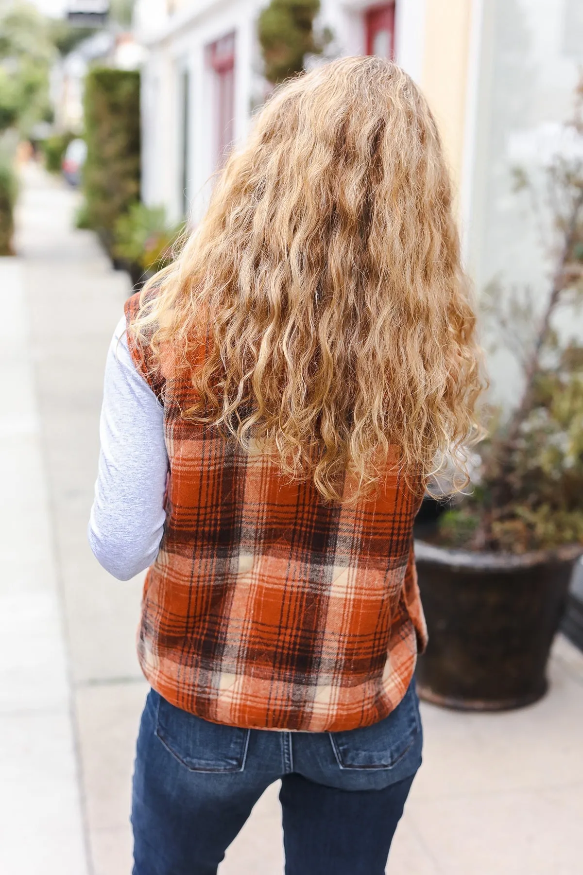 Rust Taupe Plaid Snap Button Quilted Puffer Vest