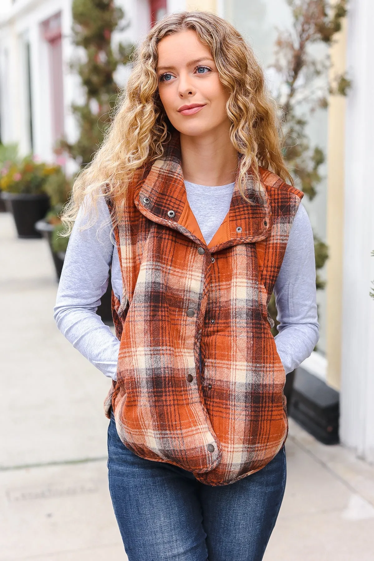 Rust Taupe Plaid Snap Button Quilted Puffer Vest