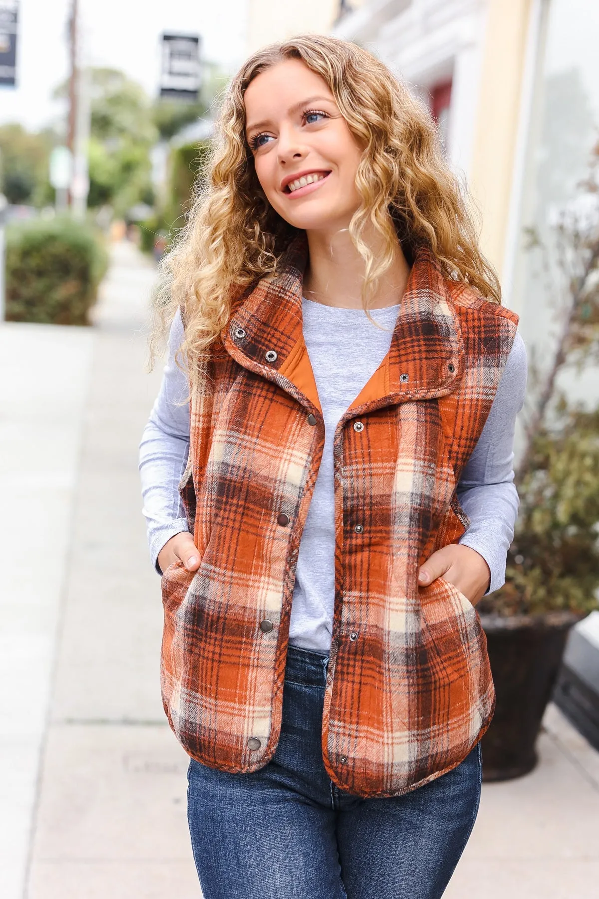 Rust Taupe Plaid Snap Button Quilted Puffer Vest