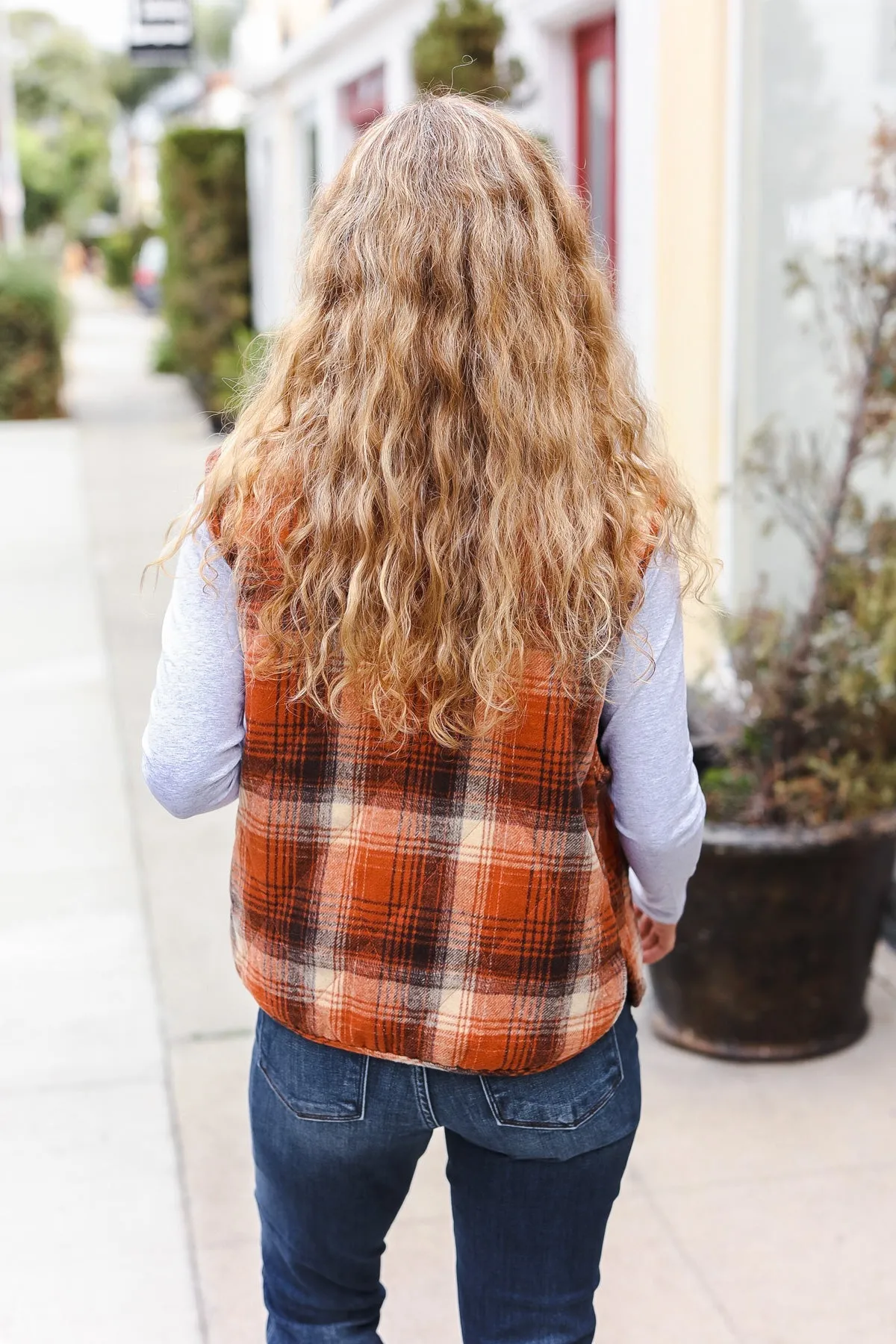 Rust Taupe Plaid Snap Button Quilted Puffer Vest