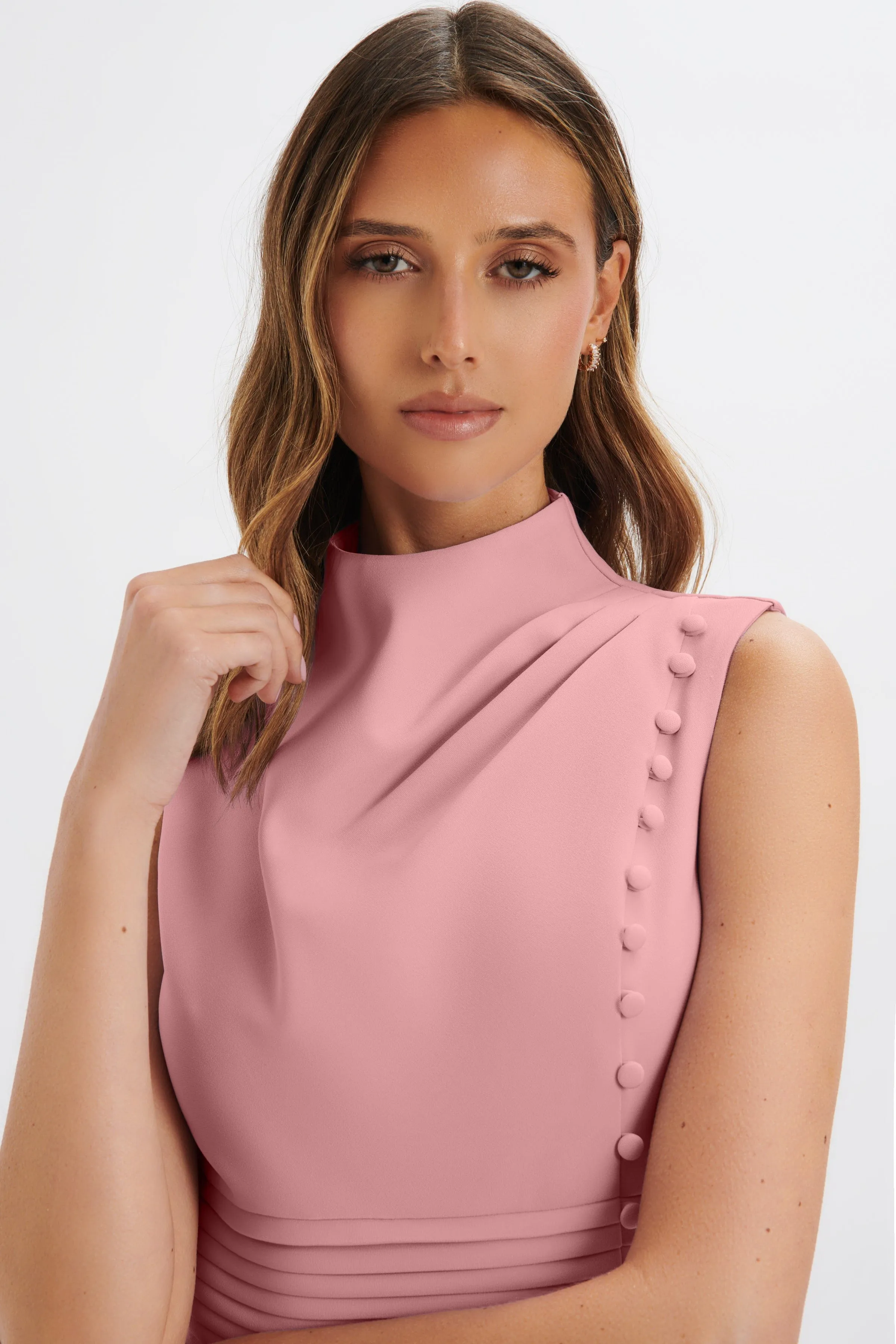 SAFFRON High Neck Micro Button Midi Dress in Pink