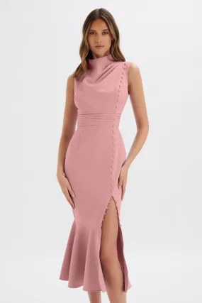 SAFFRON High Neck Micro Button Midi Dress in Pink