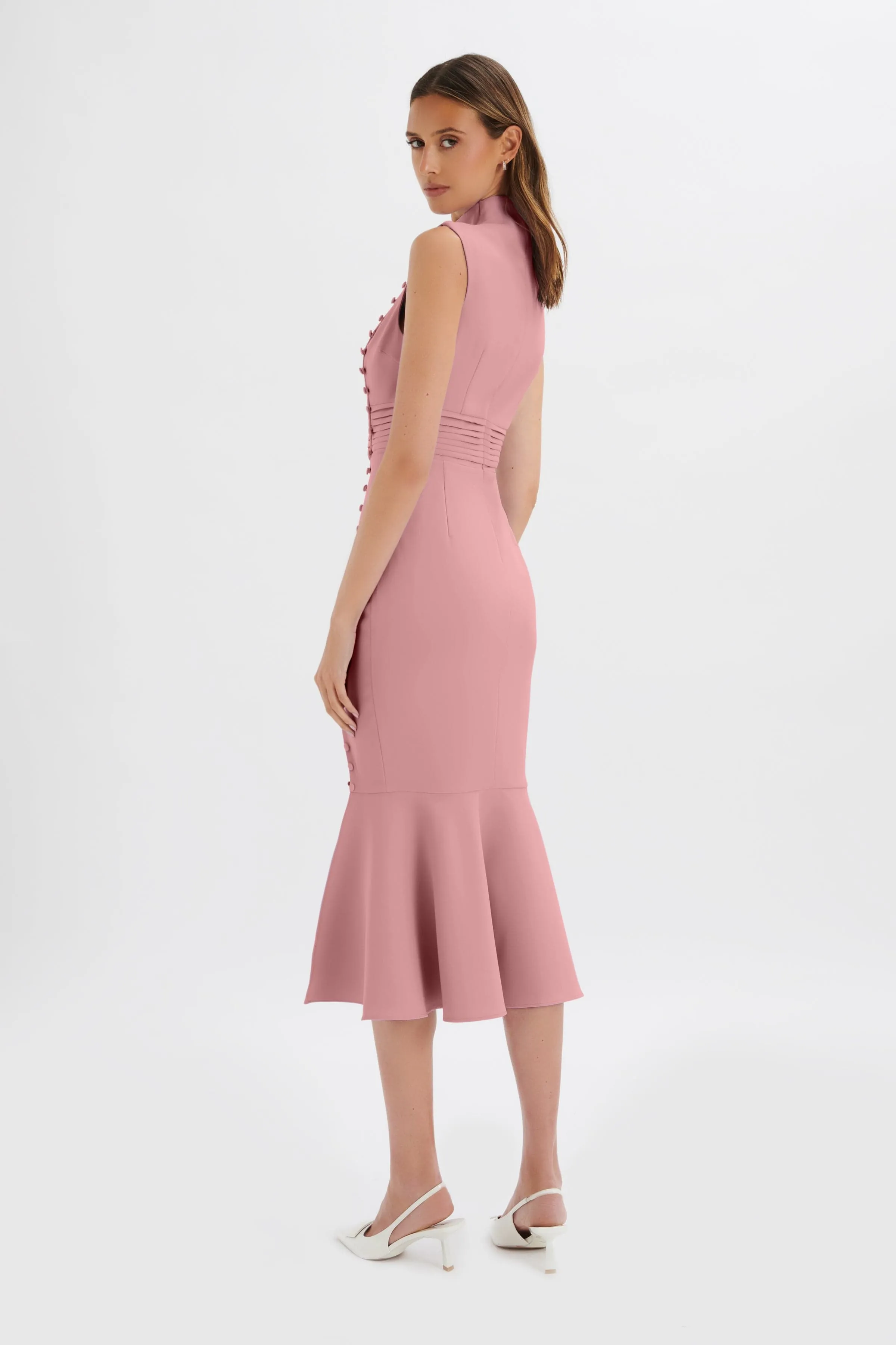 SAFFRON High Neck Micro Button Midi Dress in Pink