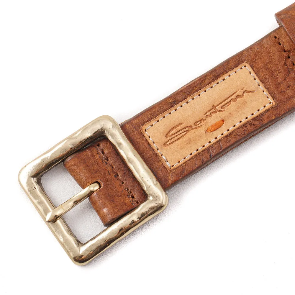 Santoni Distressed Brown Leather Belt with Gold Buckle