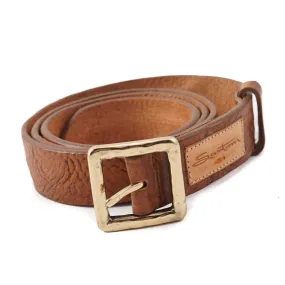 Santoni Distressed Brown Leather Belt with Gold Buckle