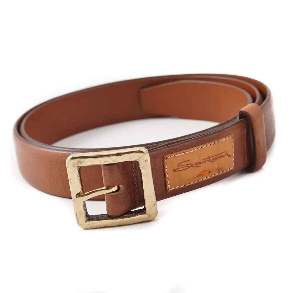 Santoni Medium Brown Leather Belt with Gold Buckle