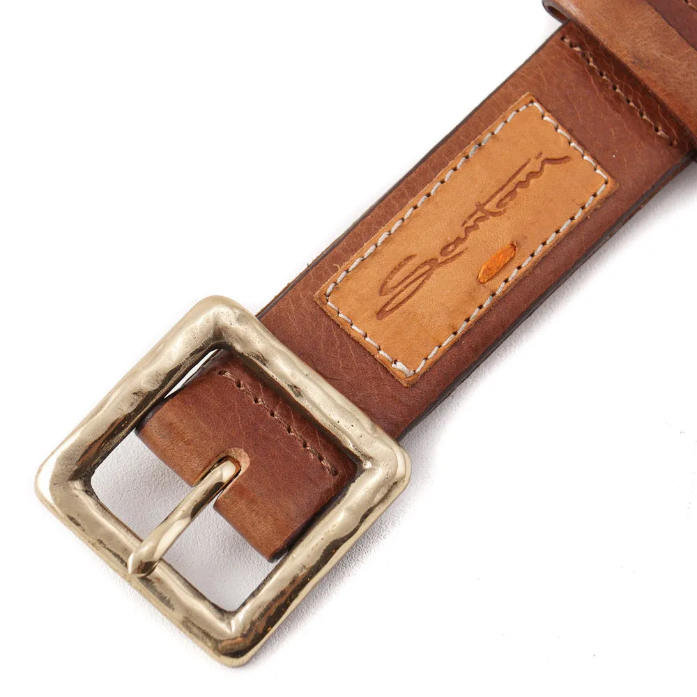 Santoni Medium Brown Leather Belt with Gold Buckle