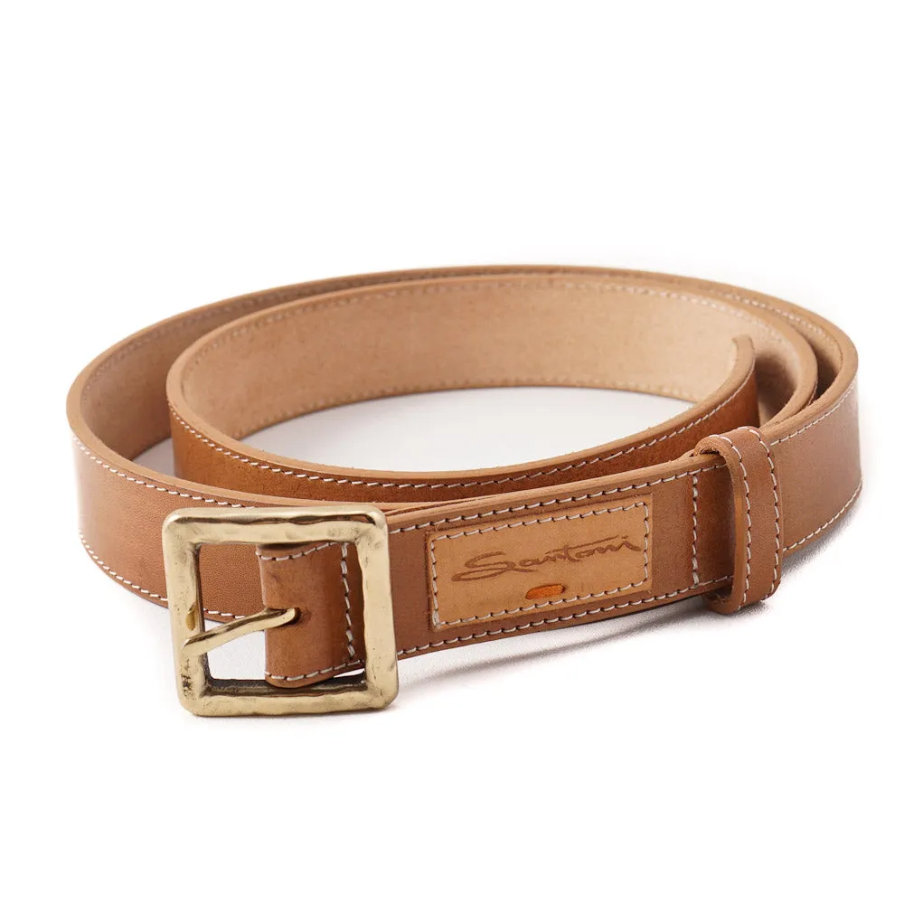 Santoni Natural Tan Leather Belt with Gold Buckle