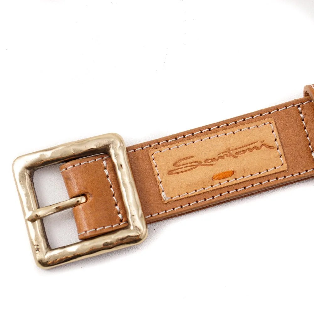 Santoni Natural Tan Leather Belt with Gold Buckle