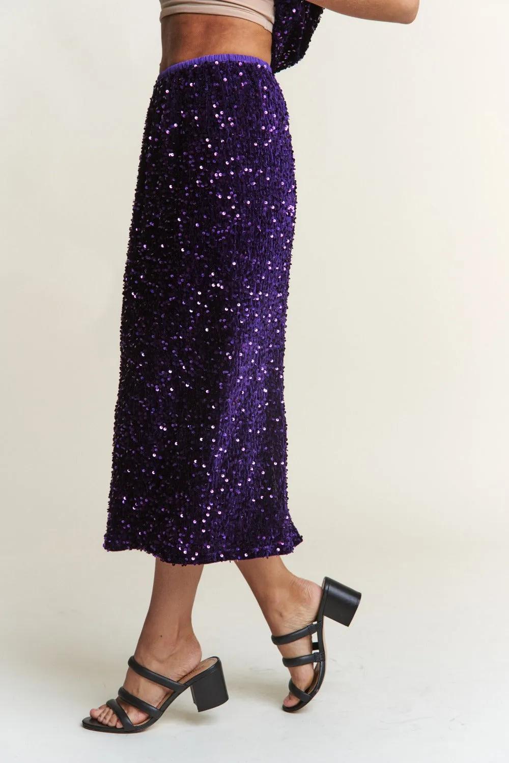 Sequin Back Slit Midi Skirt