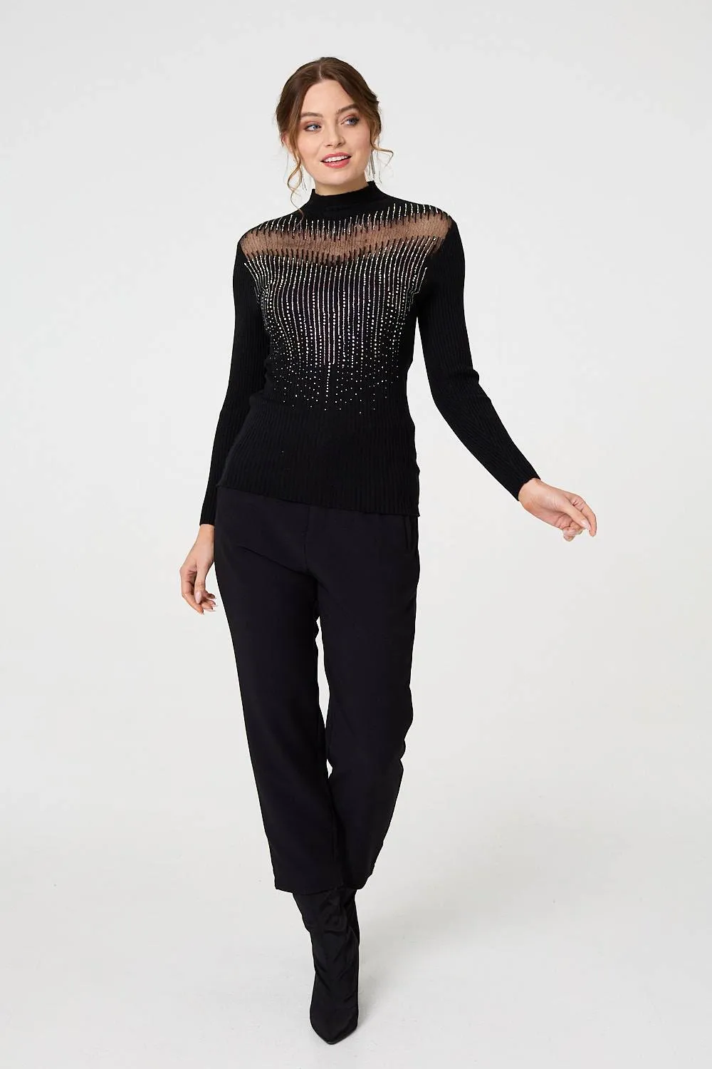 Sequin Embellished High Neck Knit Top