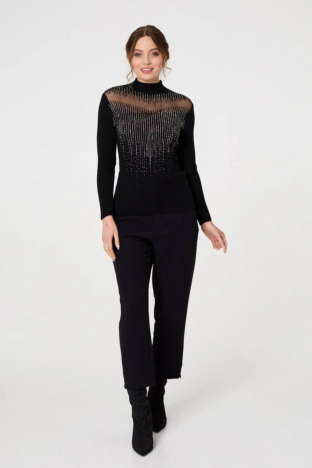 Sequin Embellished High Neck Knit Top