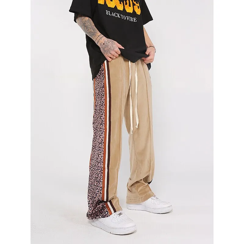 Side Striped Leopard Velvet Track Pants for Men Urban Streetwear Hip Hop Colorblock Joggers Loose Casual Velour Sweatpants Women