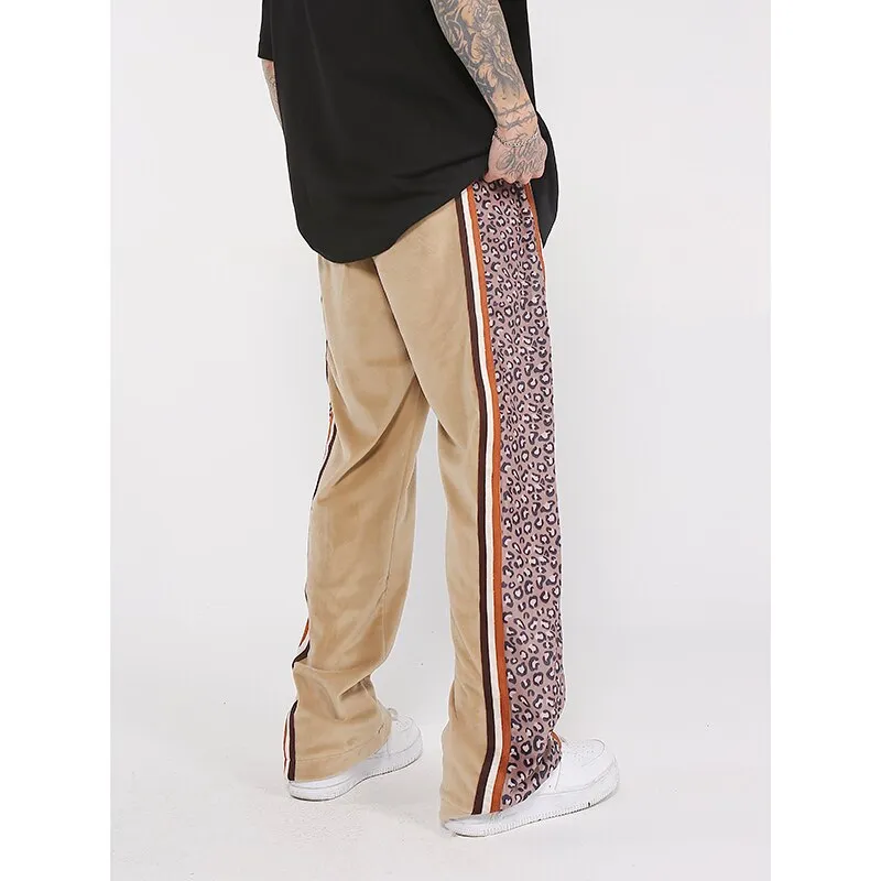 Side Striped Leopard Velvet Track Pants for Men Urban Streetwear Hip Hop Colorblock Joggers Loose Casual Velour Sweatpants Women